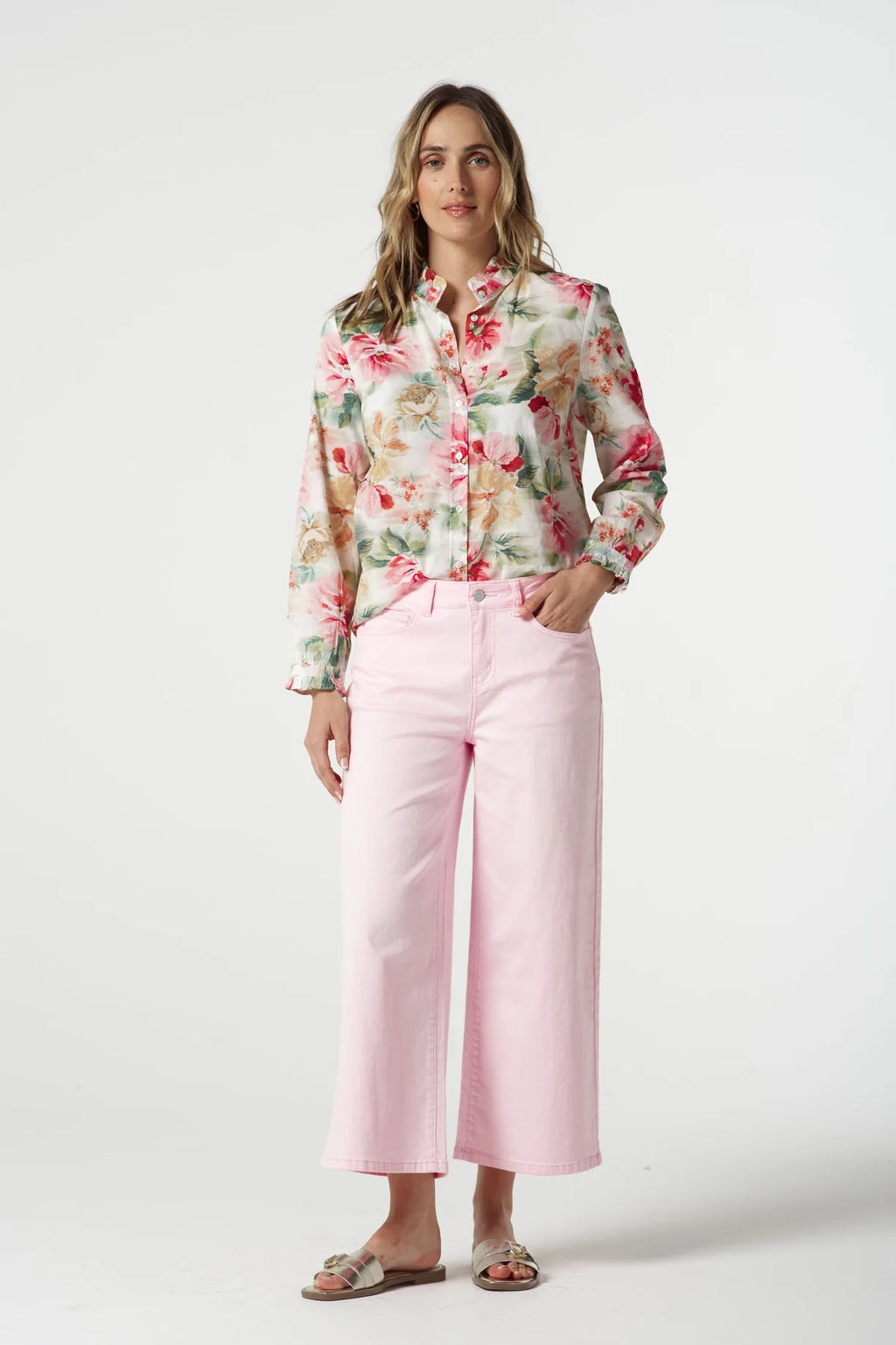 5 Pocket Crop Wide Leg Jean - Pale Pink