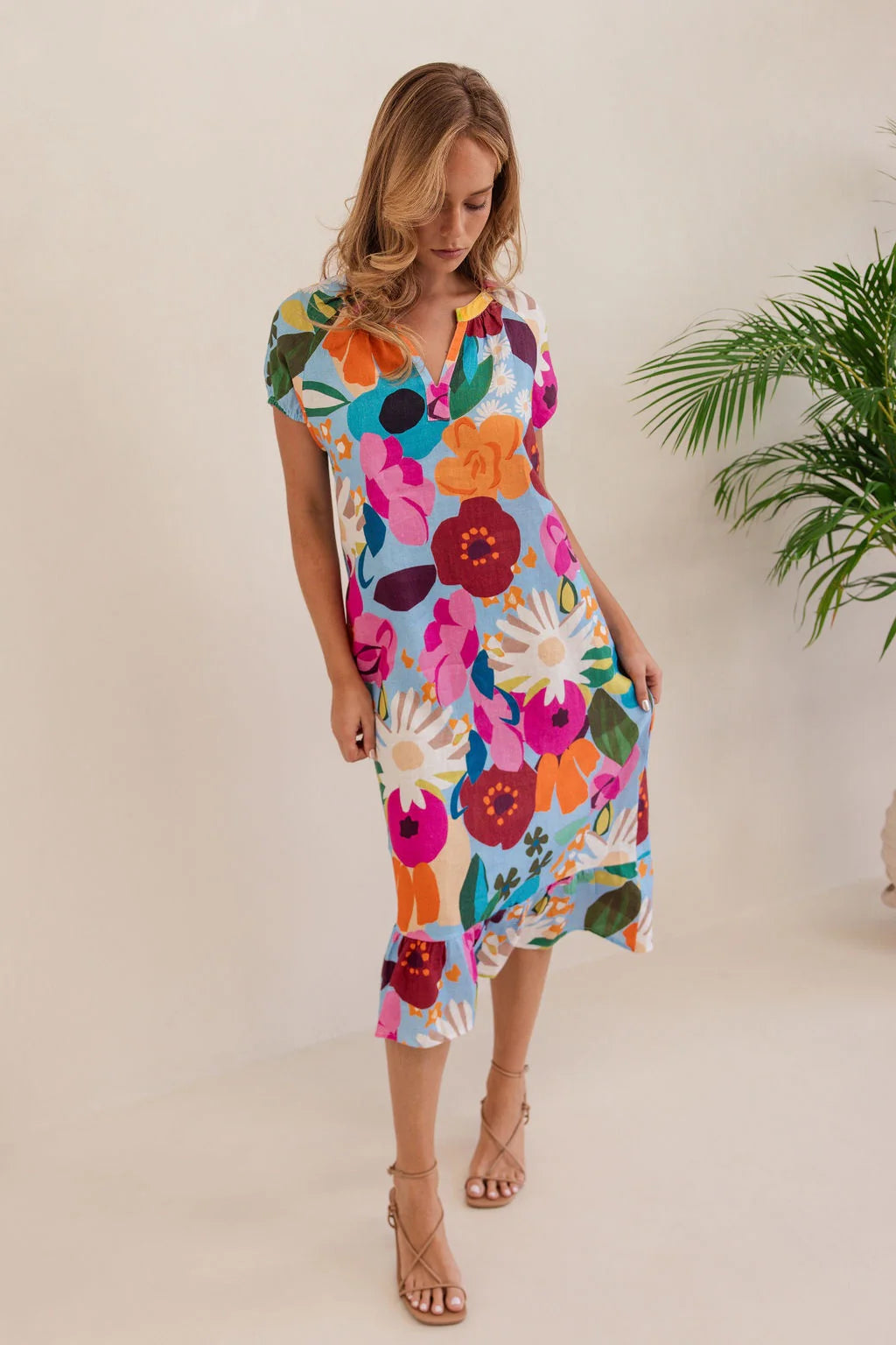Linen Short Sleeve Dress - Bloom Burst