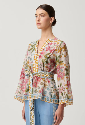 Emery Cotton Silk Kaftan Tie Top in Azalea Fields