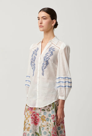 Fleurine Embroidered Cotton Slub Shirt in Milk