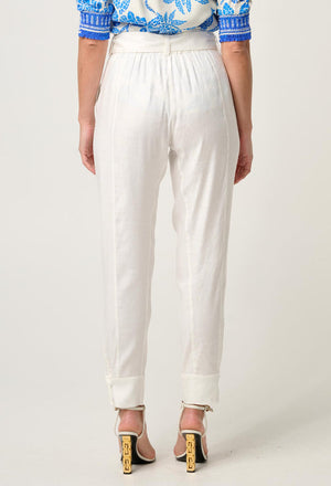 Trinidad Linen Viscose Button Cuff Pant in Ivory