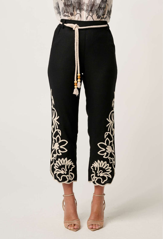 Helm Embroidered Linen Viscose Pant in Black