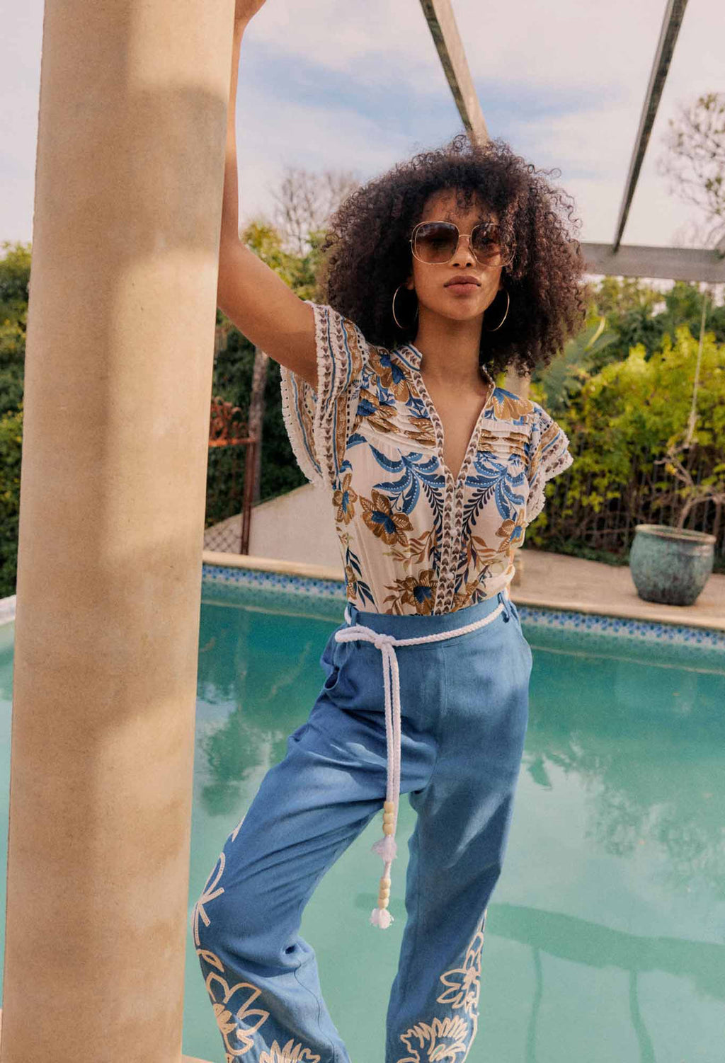 Helm Tencel Embroidered Straight Leg Pant in Sky