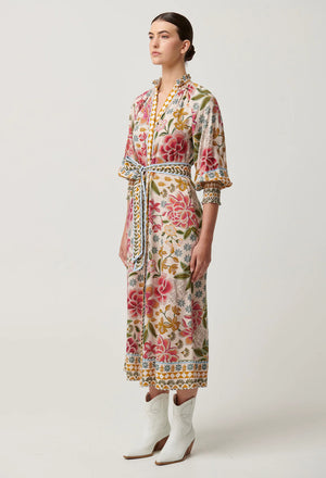 Carmen Viscose Linen Maxi Dress in Azalea Fields