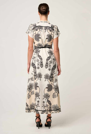 Xanthia Diamond Smock Yoke Linen Viscose Dress in Imperial Stone