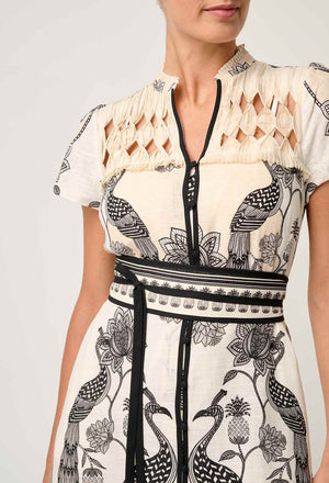 Xanthia Diamond Smock Yoke Linen Viscose Dress in Imperial Stone