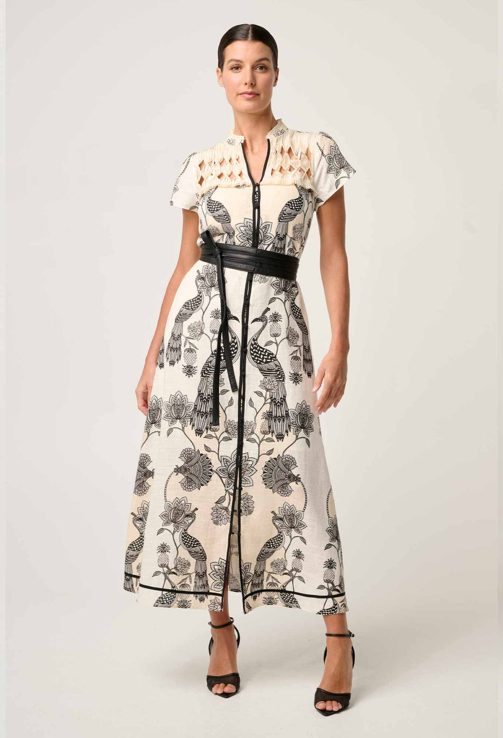 Xanthia Diamond Smock Yoke Linen Viscose Dress in Imperial Stone