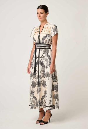 Xanthia Diamond Smock Yoke Linen Viscose Dress in Imperial Stone