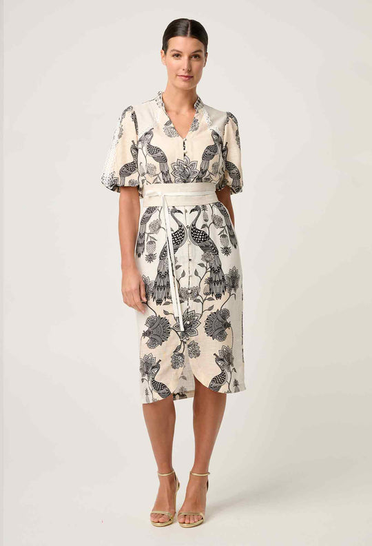 Gaia Lace Spliced Linen Viscose Dress in Imperial Stone