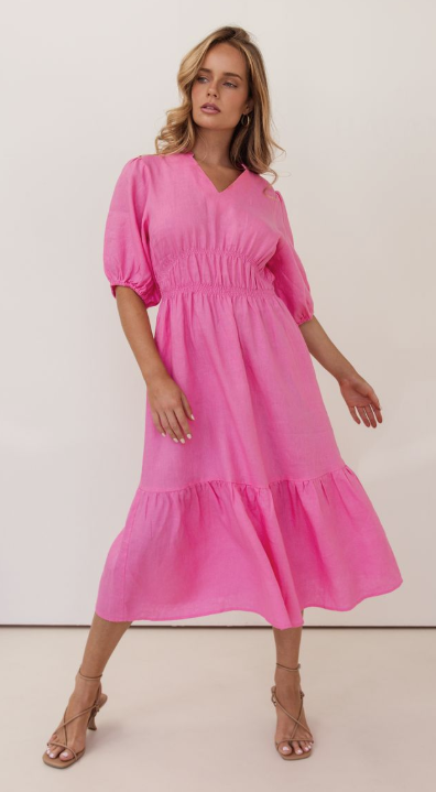 K103 Linen Gather Detail Dress- Pink