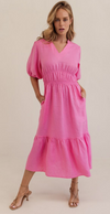 K103 Linen Gather Detail Dress- Pink