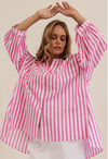 K112P 100% Cotton Gathered Sleeve Shirt- Pink/ White Stripe