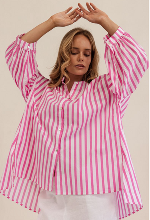K112P 100% Cotton Gathered Sleeve Shirt- Pink/ White Stripe