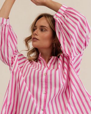 K112P 100% Cotton Gathered Sleeve Shirt- Pink/ White Stripe