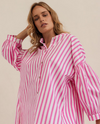 K112P 100% Cotton Gathered Sleeve Shirt- Pink/ White Stripe