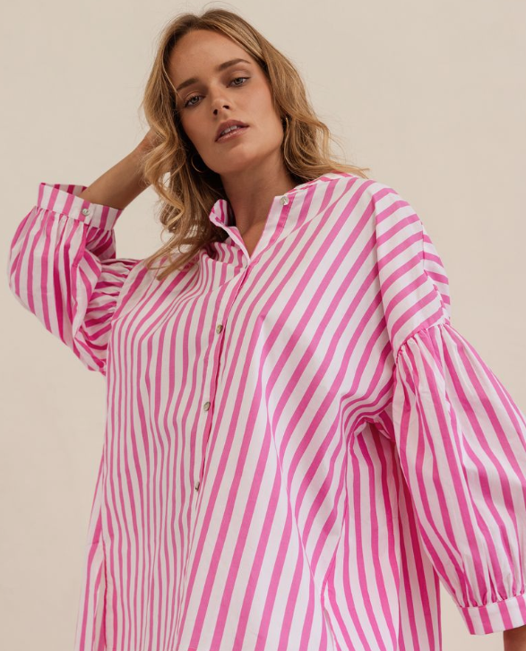 K112P 100% Cotton Gathered Sleeve Shirt- Pink/ White Stripe