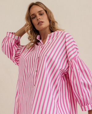 K112P 100% Cotton Gathered Sleeve Shirt- Pink/ White Stripe