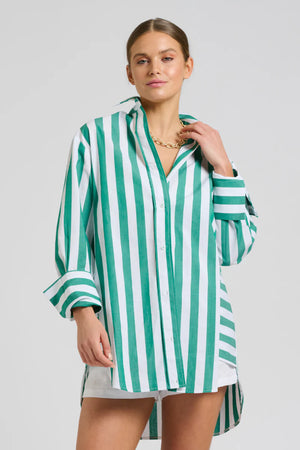 The Andrea Oversized Boyfriend Shirt - Green Wide Stripe