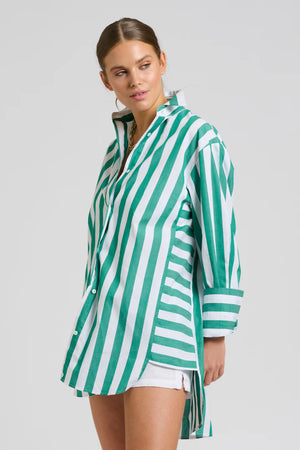 The Andrea Oversized Boyfriend Shirt - Green Wide Stripe