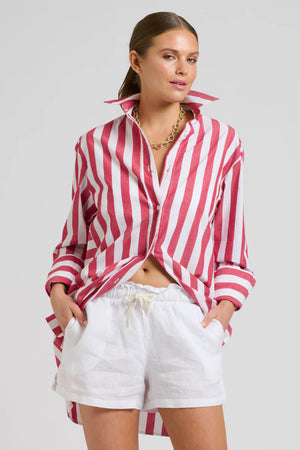 The Andrea Oversized Boyfriend Shirt - Red Wide Stripe