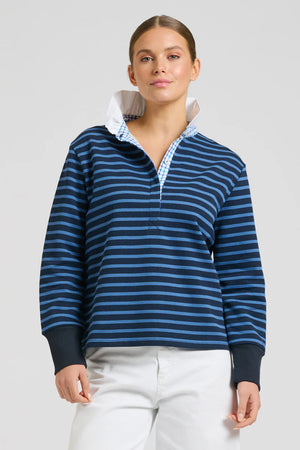 Rugby Frill Collar Cotton Sweatshirt - Navy Combo Stripe