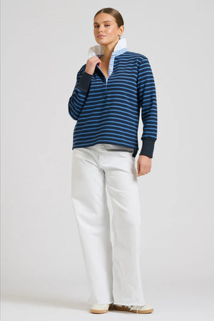 Rugby Frill Collar Cotton Sweatshirt - Navy Combo Stripe