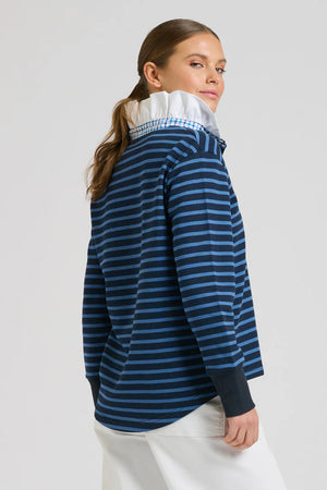 Rugby Frill Collar Cotton Sweatshirt - Navy Combo Stripe