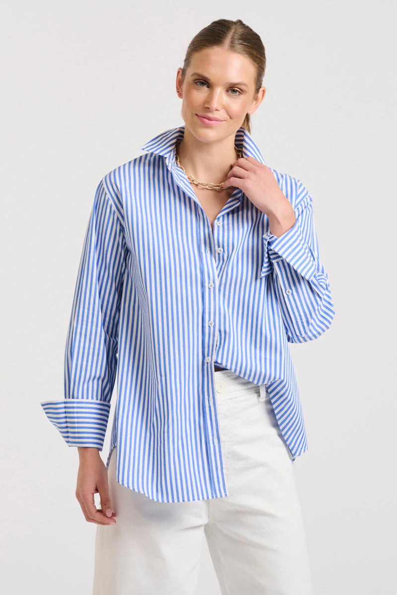 The Elodie Girlfriend Relaxed Shirt - Mid Blue Stripe