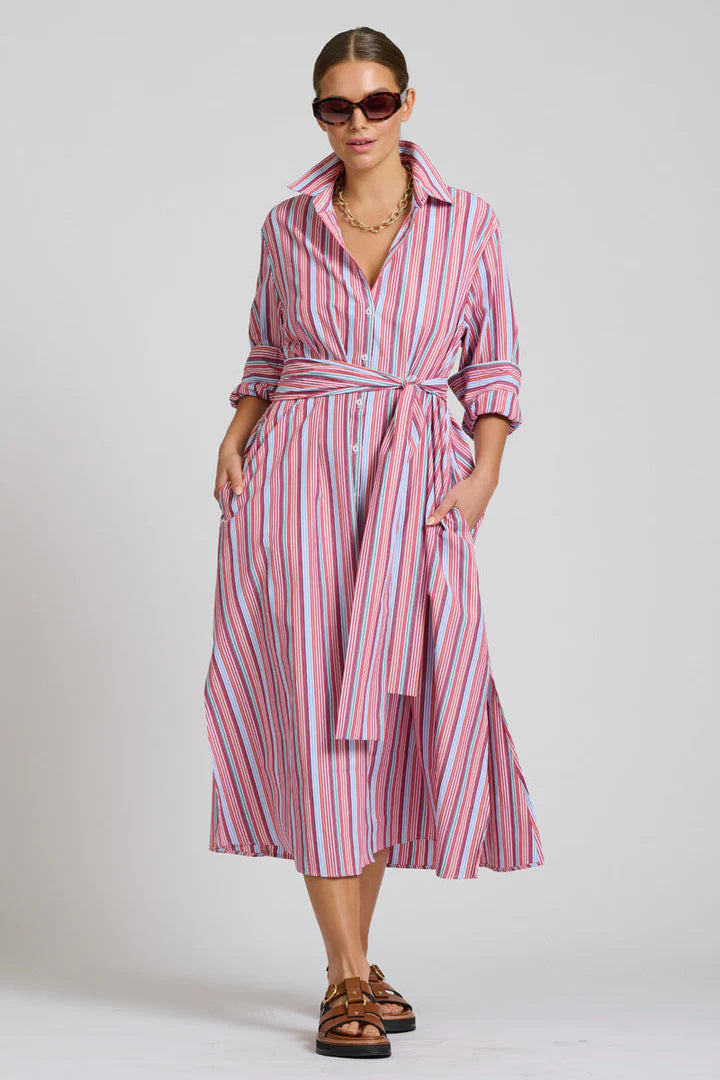 The Luna Oversized Long Line Shirt Dress - Red Multi Stripe