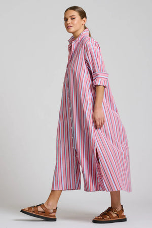 The Luna Oversized Long Line Shirt Dress - Red Multi Stripe