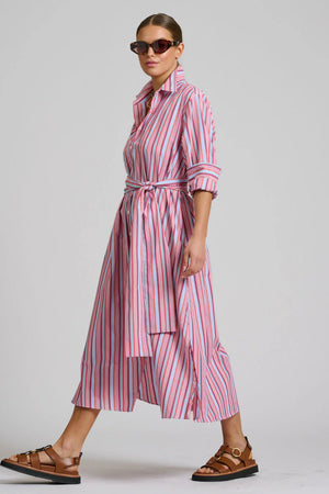 The Luna Oversized Long Line Shirt Dress - Red Multi Stripe