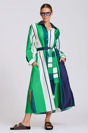The Luxe Luna Longline Shirt Dress - Navy and Green Bold Stripes
