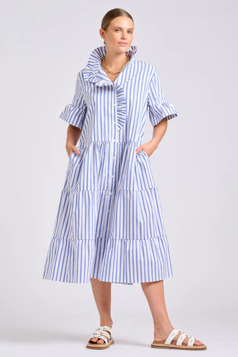 The Molly Oversized Shirt Dress - White with Azure Ticking