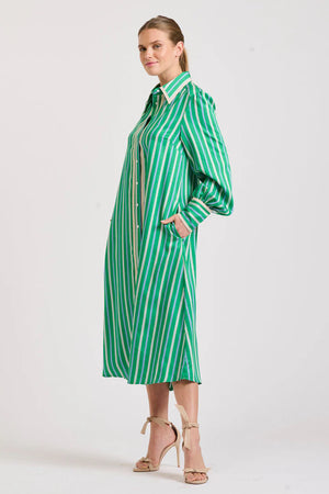 The Octavia Longline Shirtdress - Green Multi Stripe